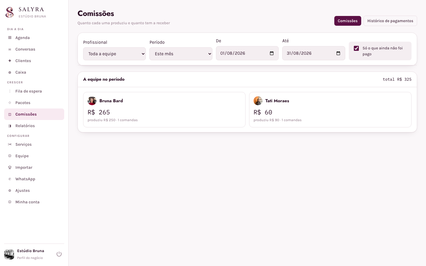 Tela de comissões com o recibo do período
